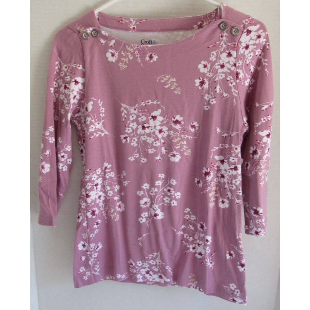 Croft & Barrow 3/4 Sleeve Boat Neck Pink Floral Shirt Size Small Silver Buttons